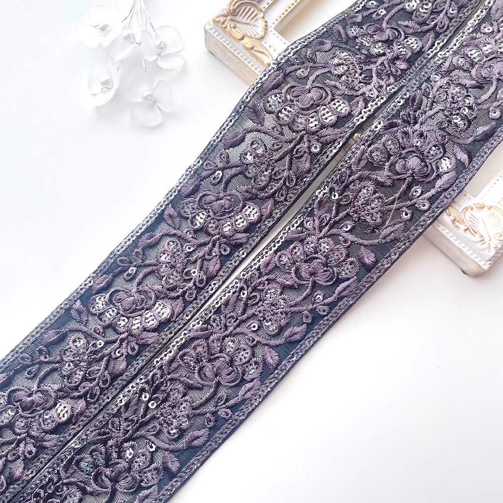 431 【 幅：4.5cm 】 インド刺繍リボン　ブラック　チュール　