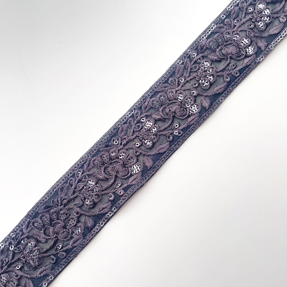 431 【 幅：4.5cm 】 インド刺繍リボン　ブラック　チュール　