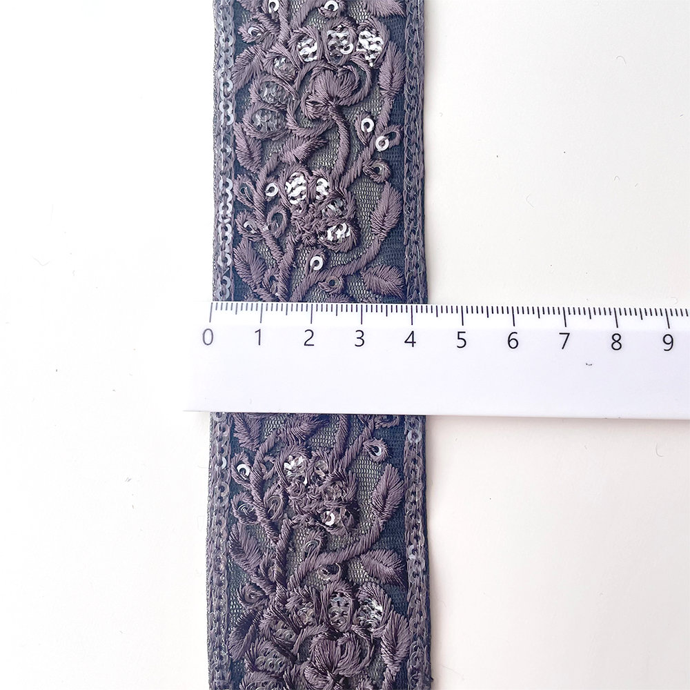 431 【 幅：4.5cm 】 インド刺繍リボン　ブラック　チュール　