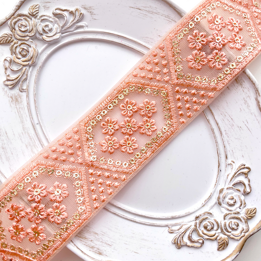 441 【 幅：4.5cm 】 インド刺繍リボン　シェルピンク　チュール　