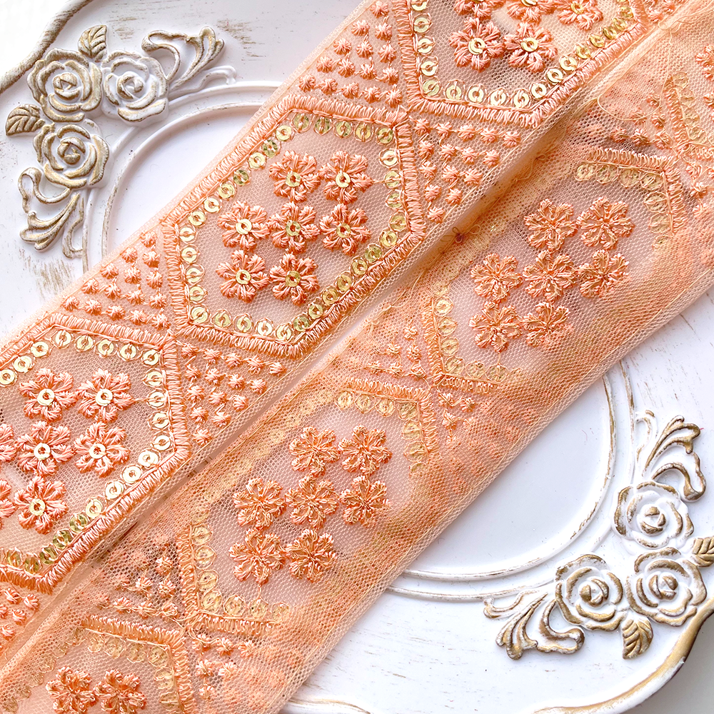 441 【 幅：4.5cm 】 インド刺繍リボン　シェルピンク　チュール　