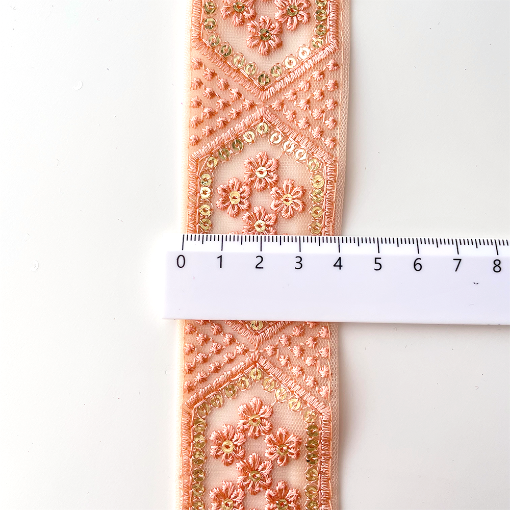 441 【 幅：4.5cm 】 インド刺繍リボン　シェルピンク　チュール　