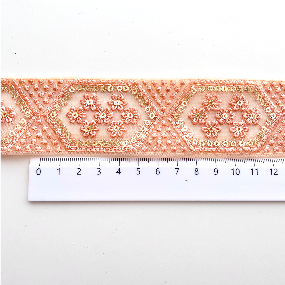 441 【 幅：4.5cm 】 インド刺繍リボン　シェルピンク　チュール　