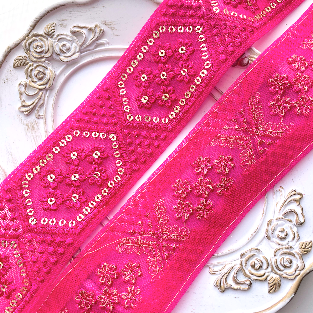 443 【 幅：4.5cm 】 インド刺繍リボン　パッションピンク　チュール　