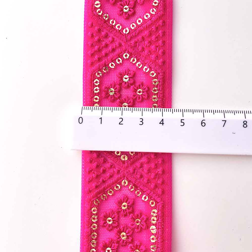 443 【 幅：4.5cm 】 インド刺繍リボン　パッションピンク　チュール　
