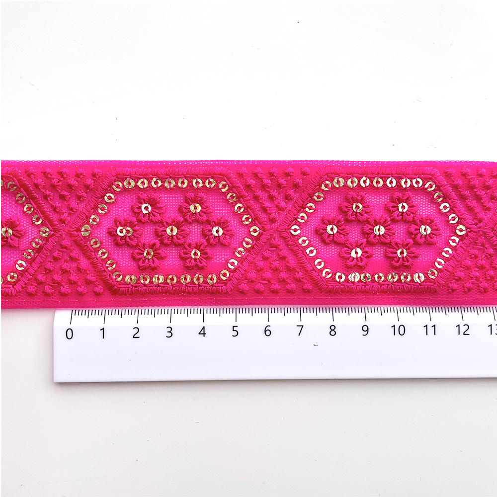 443 【 幅：4.5cm 】 インド刺繍リボン　パッションピンク　チュール　