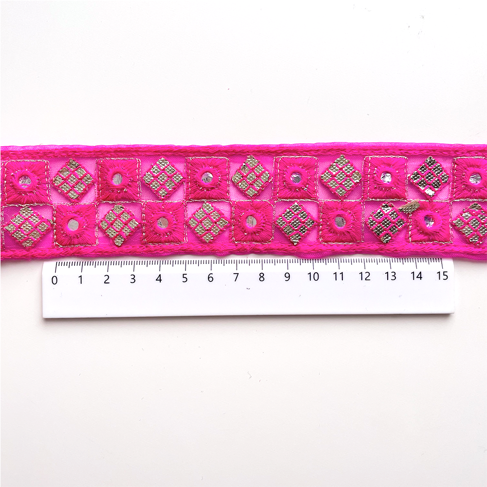 453 【 幅：4.5cm 】 インド刺繍リボン　パッションピンク　オーガンジー　