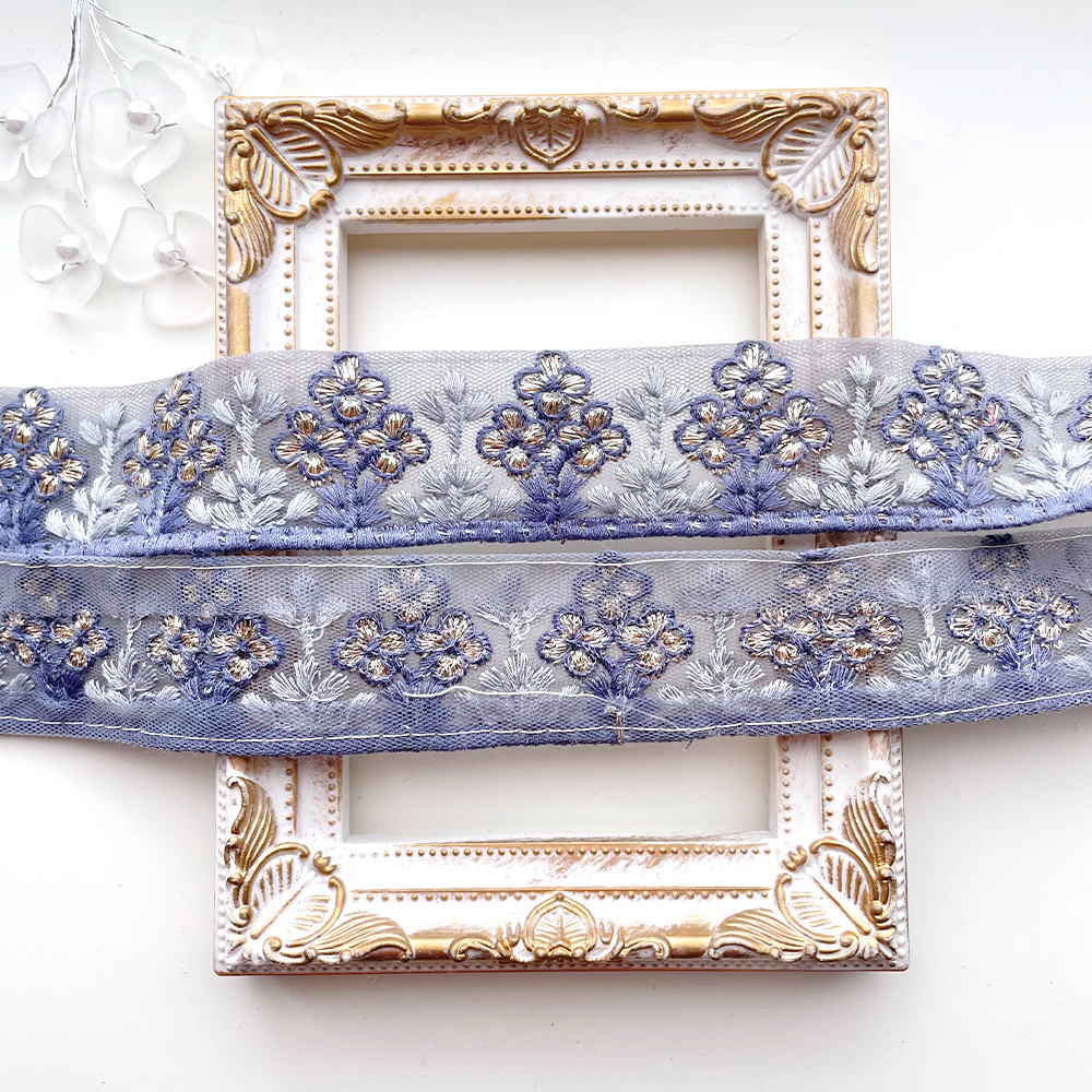 466 【 幅：3.5cm 】 インド刺繍リボン　ブルー　チュール　