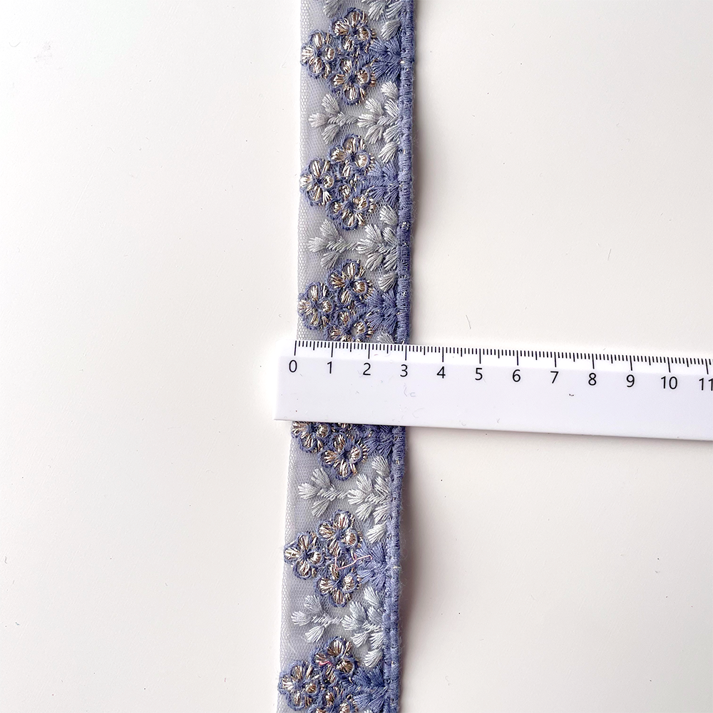 466 【 幅：3.5cm 】 インド刺繍リボン　ブルー　チュール　
