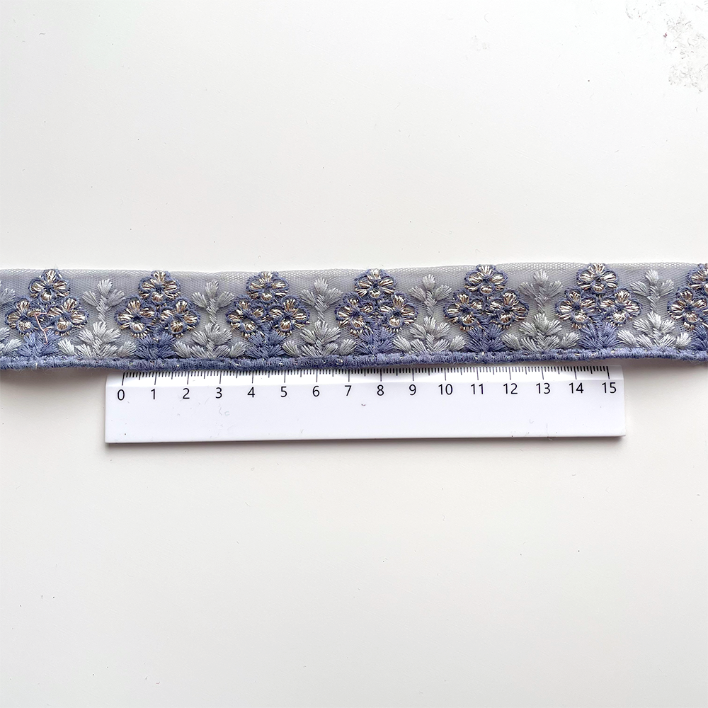 466 【 幅：3.5cm 】 インド刺繍リボン　ブルー　チュール　