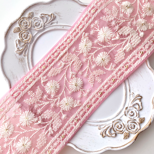 499 【 幅：8cm 】 インド刺繍リボン　ピンク　チュール　ホワイト