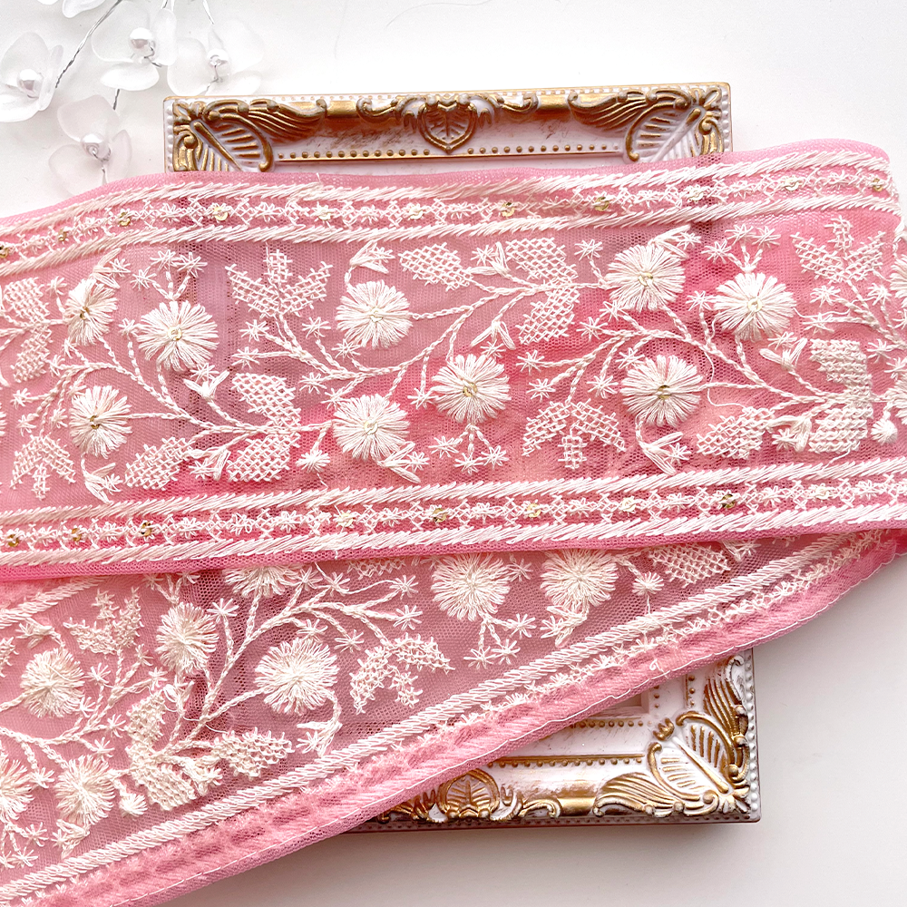 499 【 幅：8cm 】 インド刺繍リボン　ピンク　チュール　ホワイト