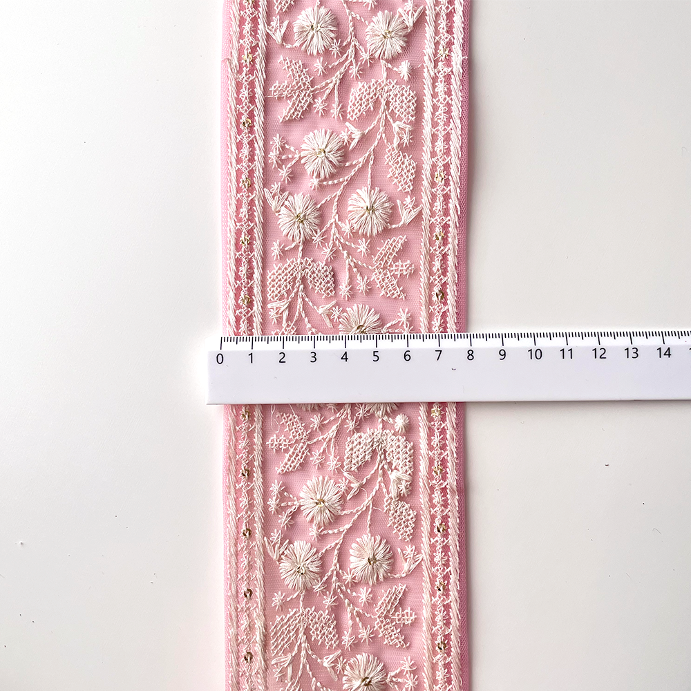 499 【 幅：8cm 】 インド刺繍リボン　ピンク　チュール　ホワイト