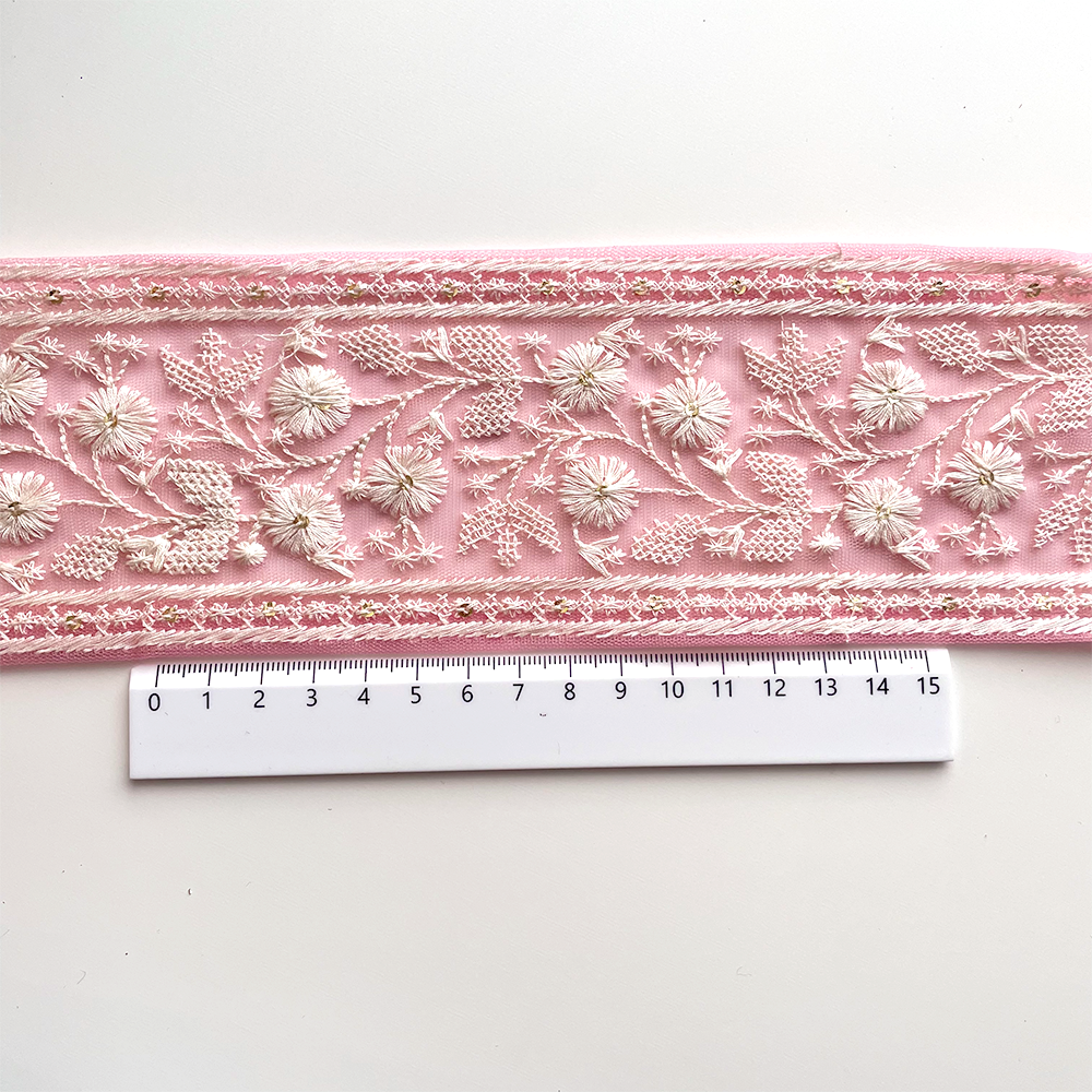499 【 幅：8cm 】 インド刺繍リボン　ピンク　チュール　ホワイト