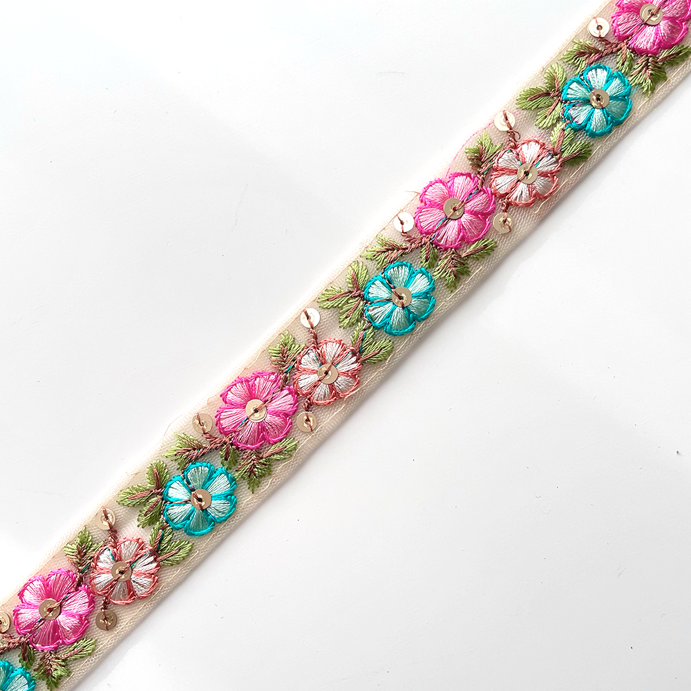 512 【 幅：2.5cm 】 インド刺繍リボン　ベージュ　チュール　ピンク　ブルー　ブラウン