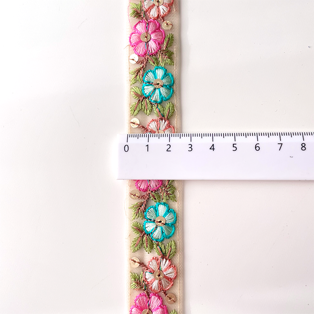 512 【 幅：2.5cm 】 インド刺繍リボン　ベージュ　チュール　ピンク　ブルー　ブラウン
