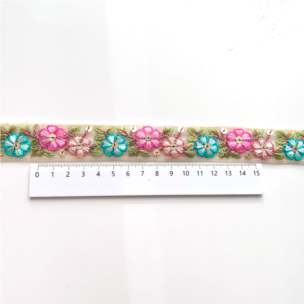 512 【 幅：2.5cm 】 インド刺繍リボン　ベージュ　チュール　ピンク　ブルー　ブラウン