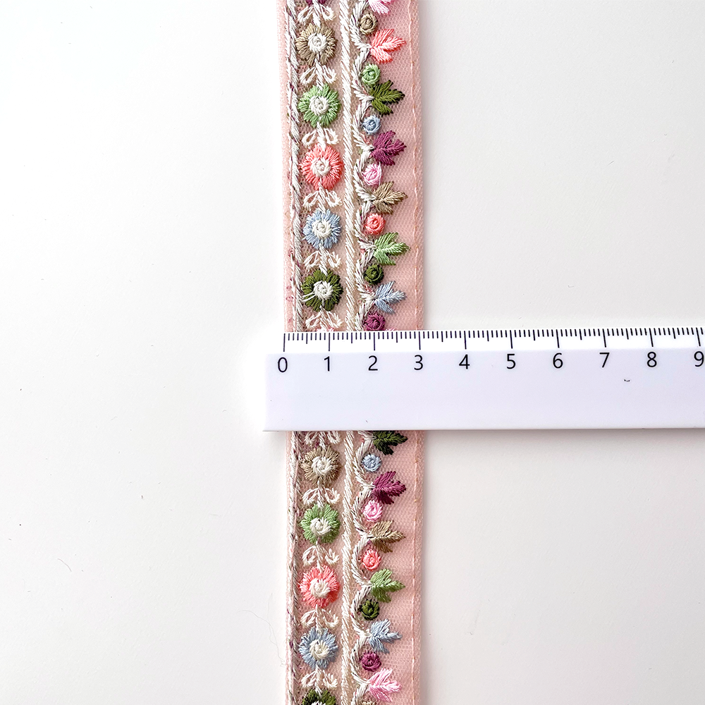 513 【 幅：2.5cm 】 インド刺繍リボン　ピンク　チュール　ホワイト
