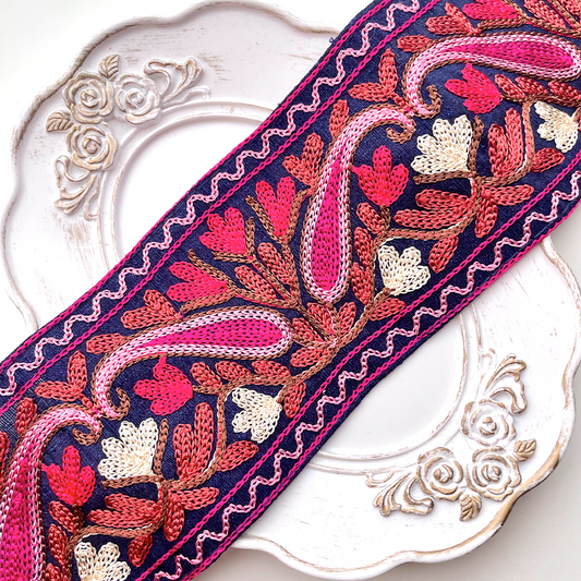 514 【 幅：8cm 】 インド刺繍リボン　ネイビー　布地　ピンク　レッド