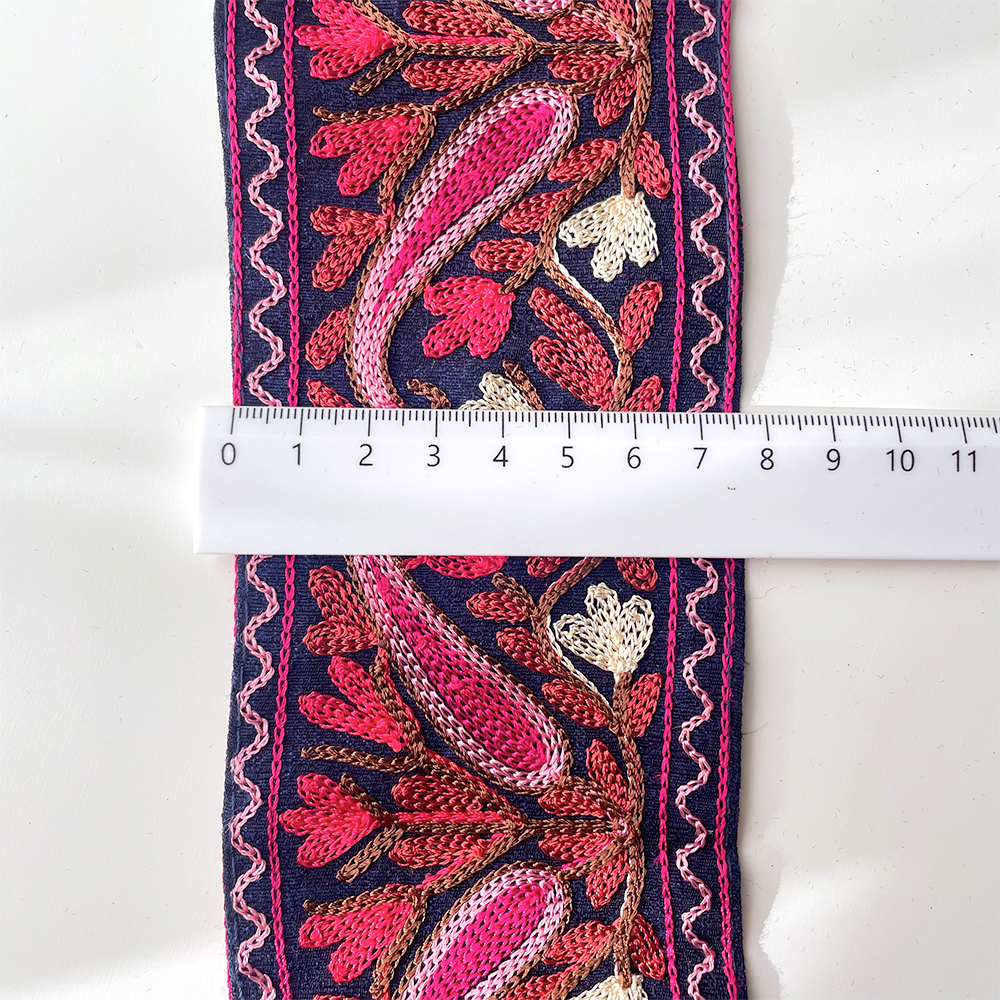 514 【 幅：8cm 】 インド刺繍リボン　ネイビー　布地　ピンク　レッド