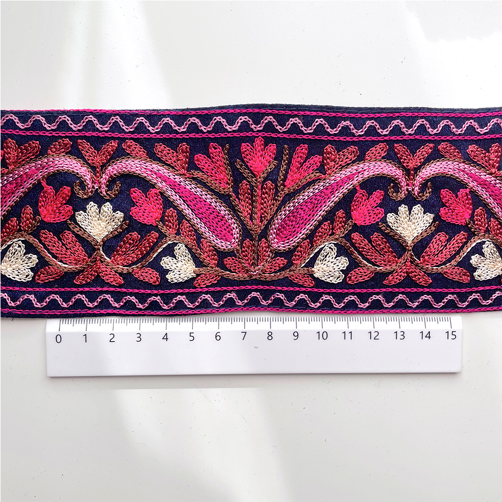 514 【 幅：8cm 】 インド刺繍リボン　ネイビー　布地　ピンク　レッド