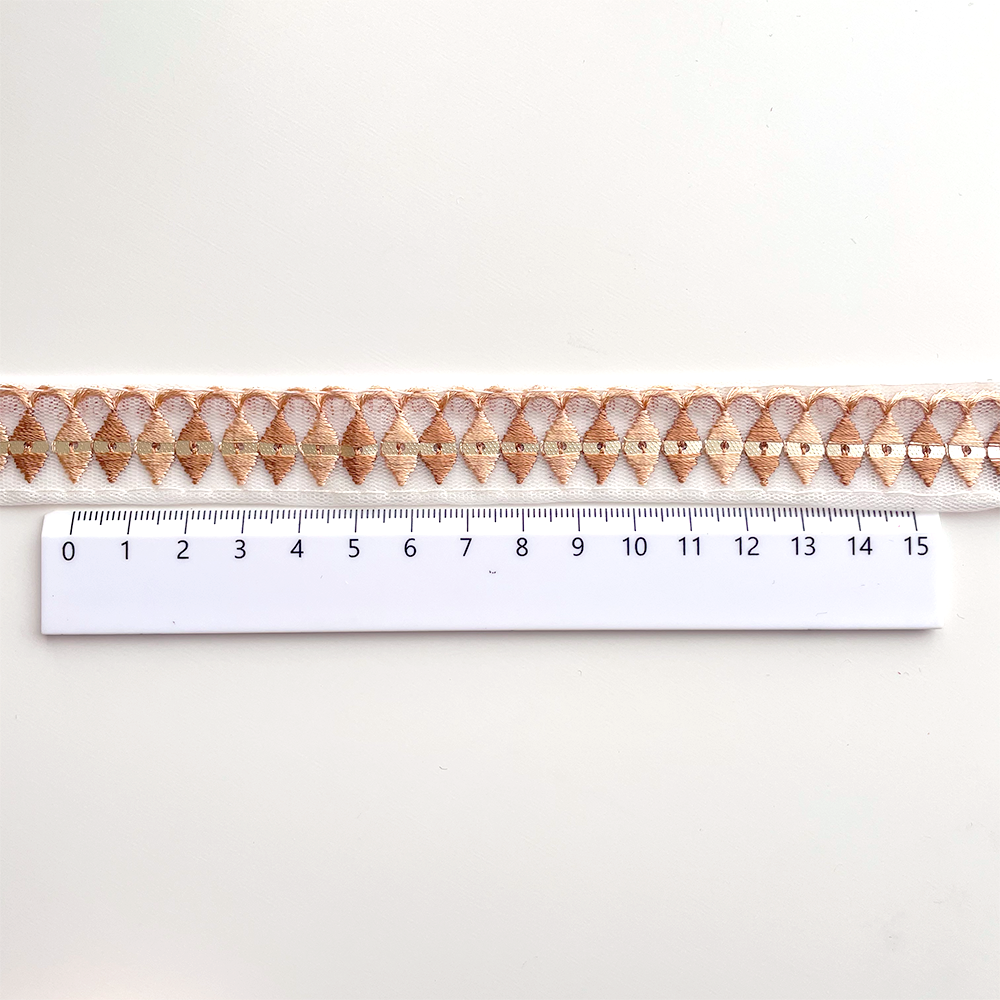 518 【 幅：2.5cm 】 インド刺繍リボン　ホワイト　チュール　ブラウン
