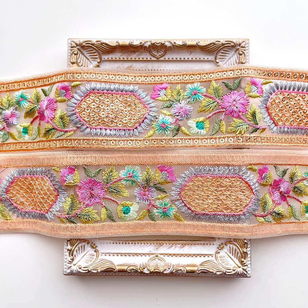 520 【 幅：5.5cm 】 インド刺繍リボン　ベージュ　チュール　オレンジ　ブルー　グリーン