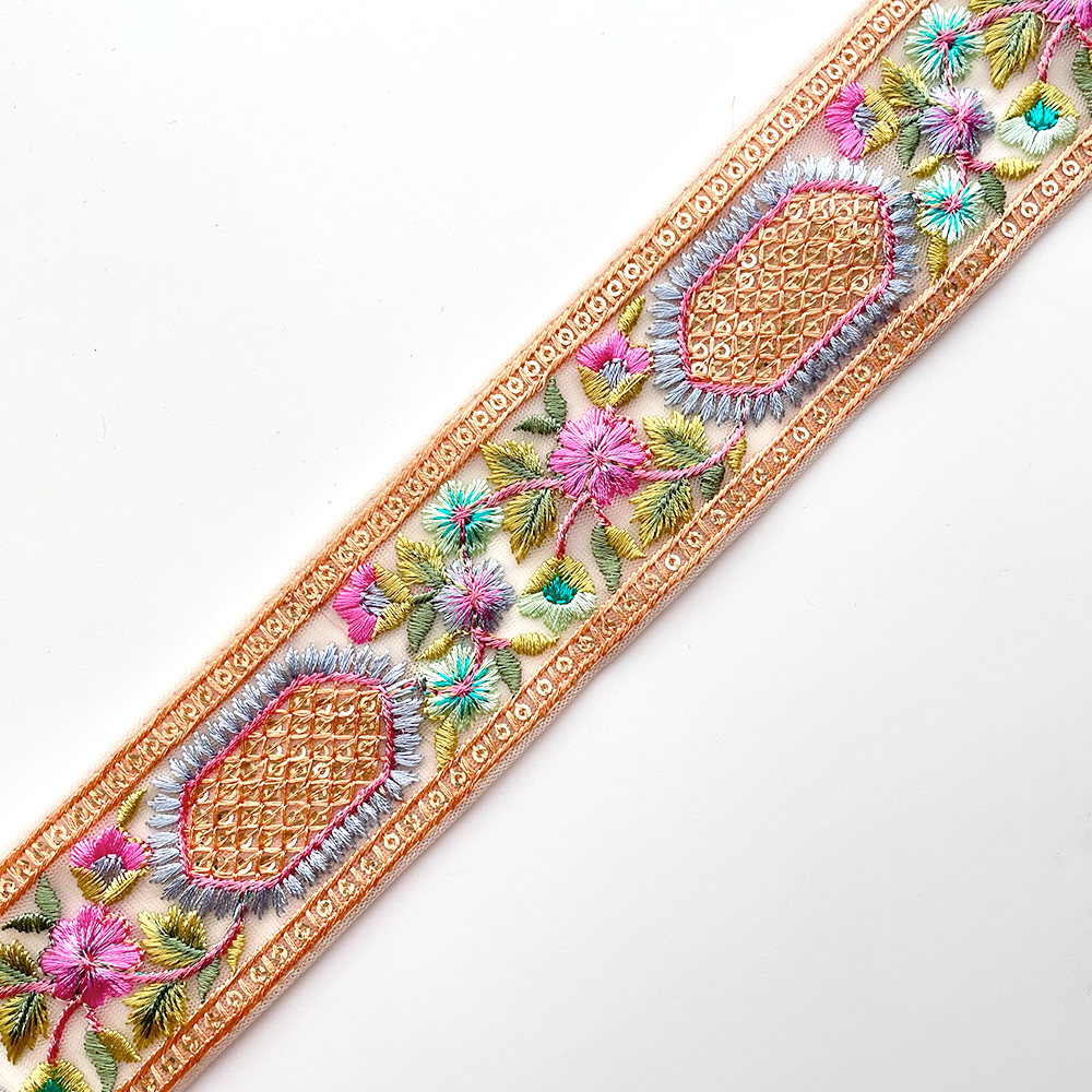 520 【 幅：5.5cm 】 インド刺繍リボン　ベージュ　チュール　オレンジ　ブルー　グリーン