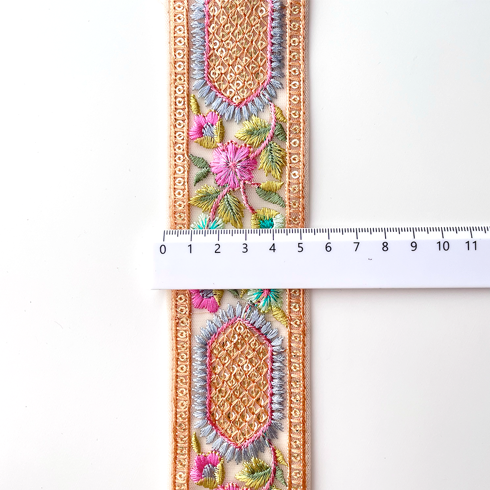520 【 幅：5.5cm 】 インド刺繍リボン　ベージュ　チュール　オレンジ　ブルー　グリーン