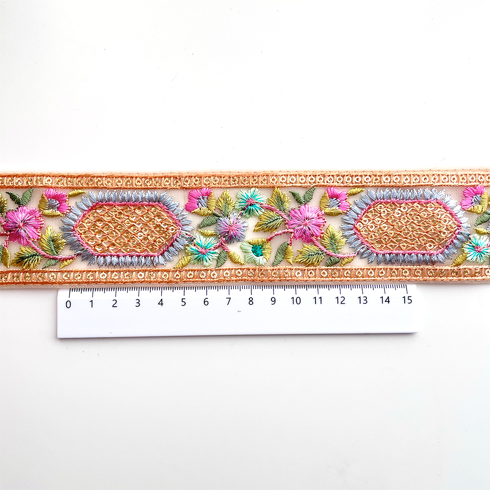 520 【 幅：5.5cm 】 インド刺繍リボン　ベージュ　チュール　オレンジ　ブルー　グリーン