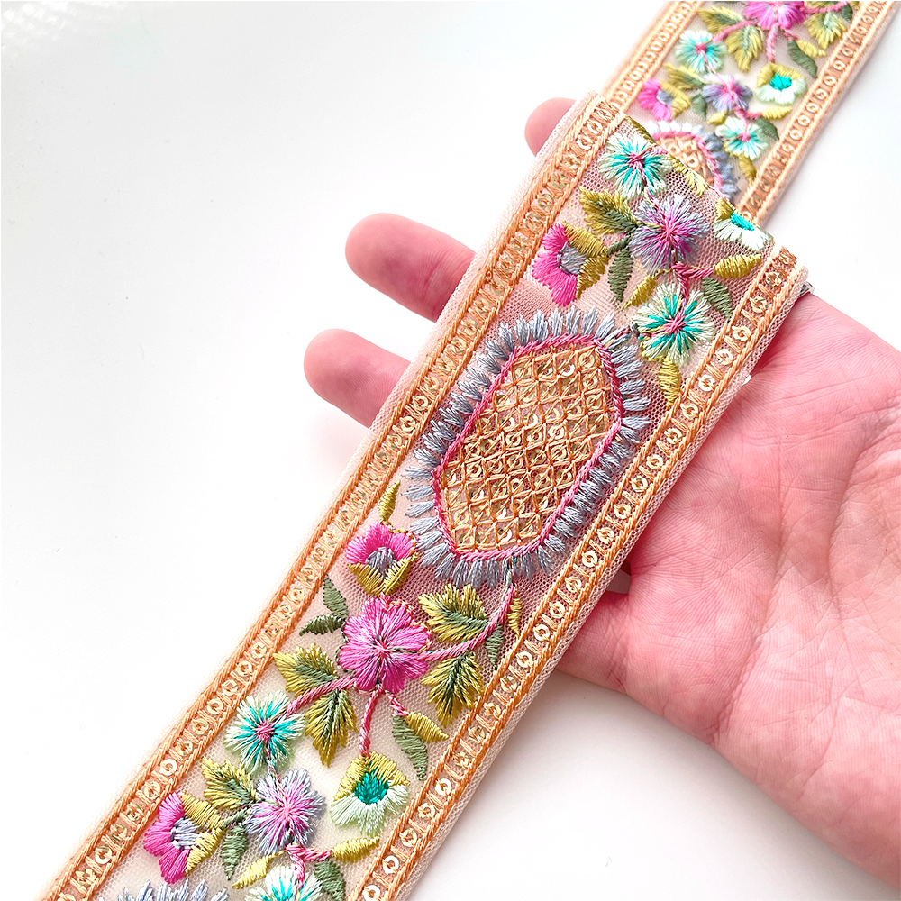 520 【 幅：5.5cm 】 インド刺繍リボン　ベージュ　チュール　オレンジ　ブルー　グリーン