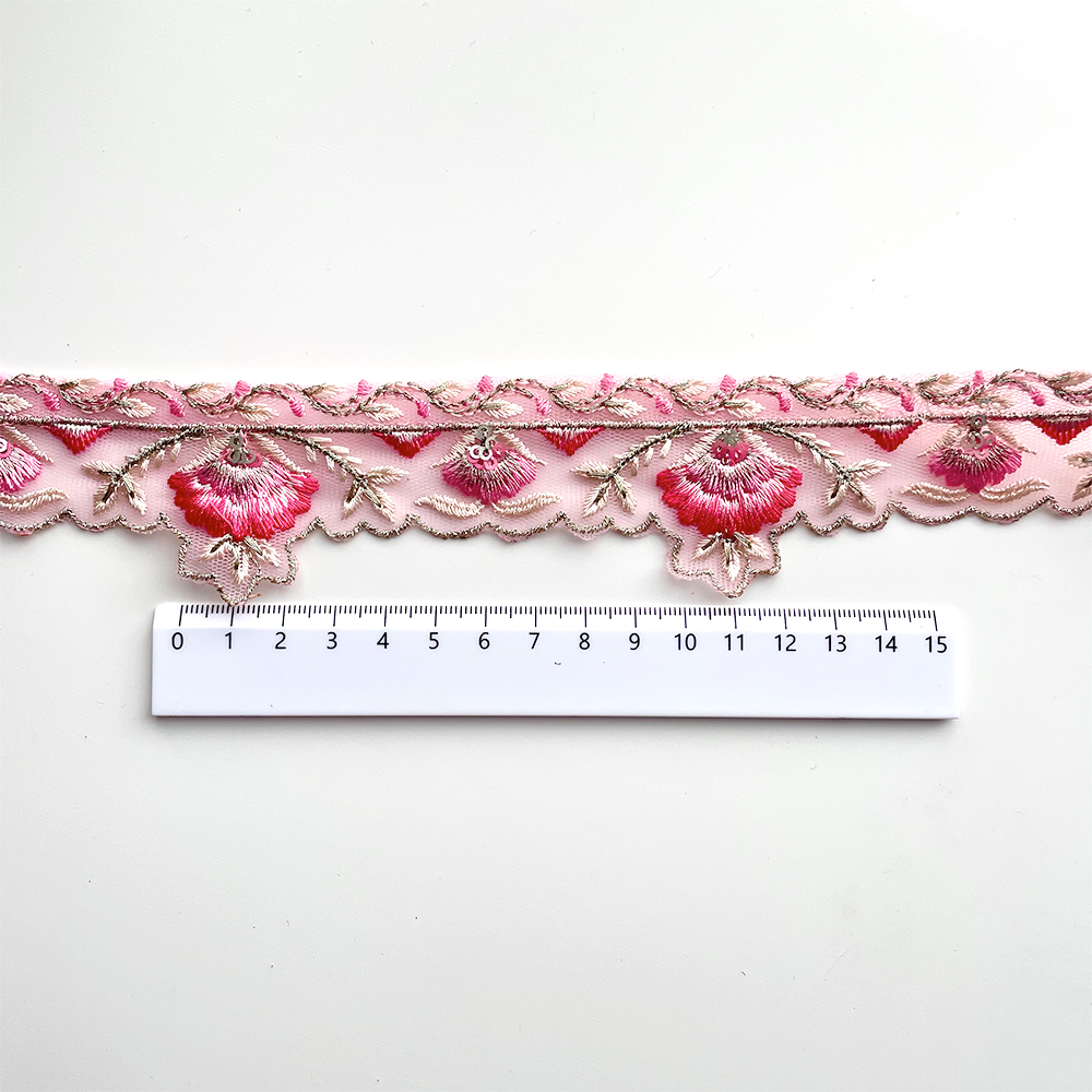531 【 幅：4.5cm 】 インド刺繍リボン　ピンク　チュール　ホワイト　シルバー