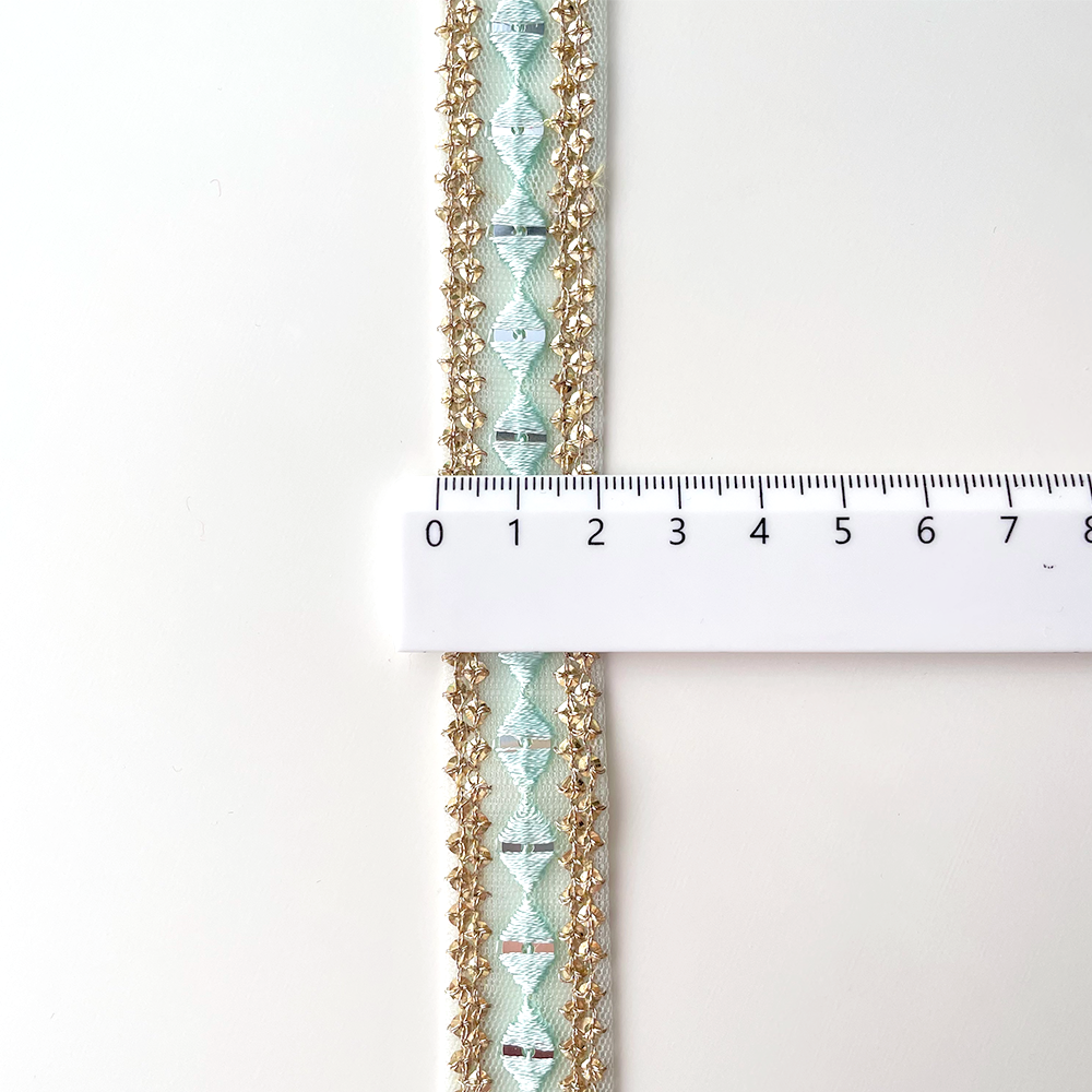 544 【 幅：2cm 】 インド刺繍リボン　アクアブルー　チュール　