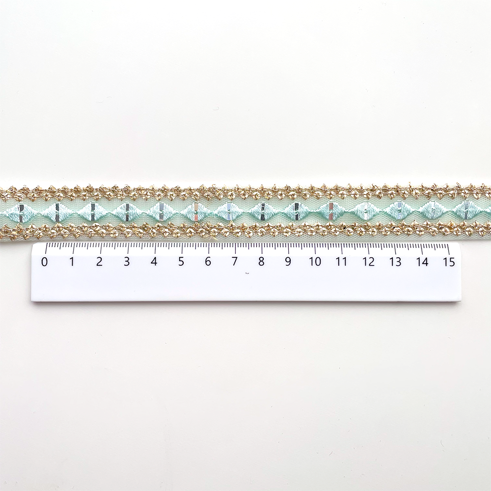 544 【 幅：2cm 】 インド刺繍リボン　アクアブルー　チュール　