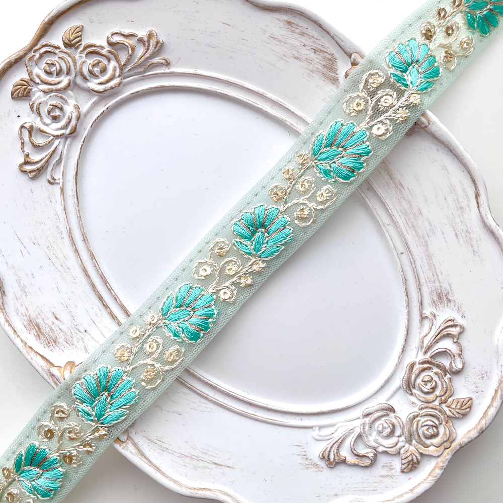 548 【 幅：2cm 】 インド刺繍リボン　ミント　チュール　