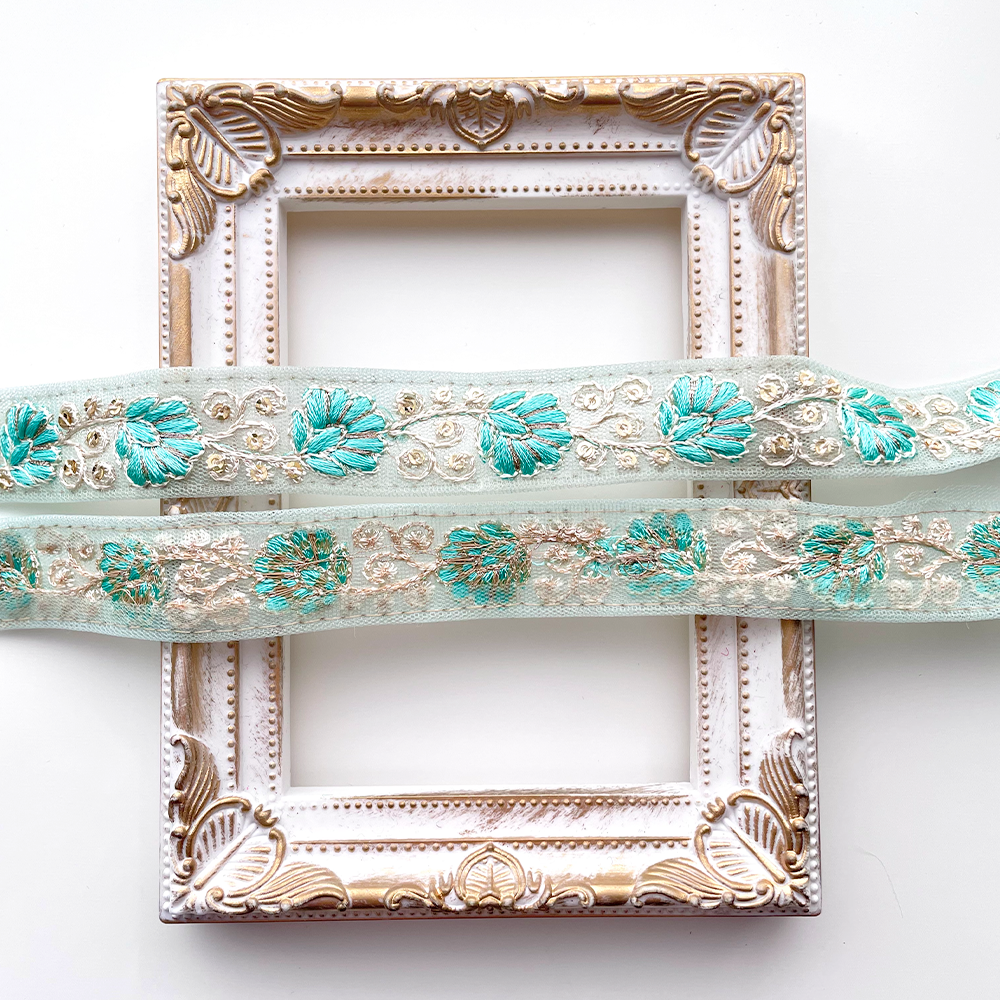 548 【 幅：2cm 】 インド刺繍リボン　ミント　チュール　