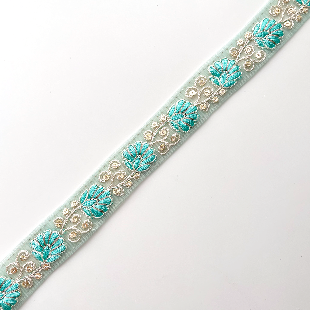 548 【 幅：2cm 】 インド刺繍リボン　ミント　チュール　