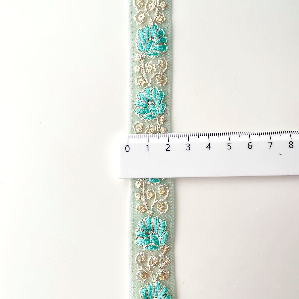 548 【 幅：2cm 】 インド刺繍リボン　ミント　チュール　