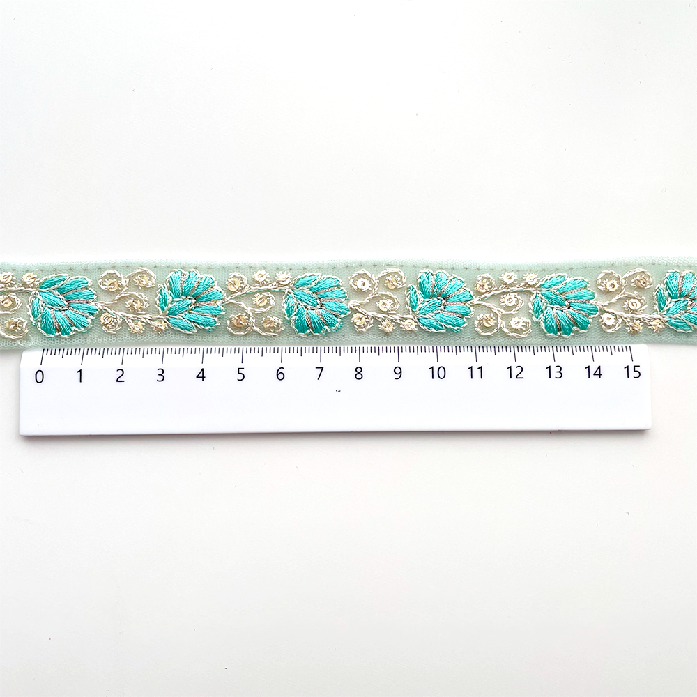 548 【 幅：2cm 】 インド刺繍リボン　ミント　チュール　
