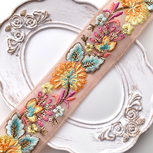550 【 幅：4.5cm 】 インド刺繍リボン　ベージュ　チュール　オレンジ　ブルー