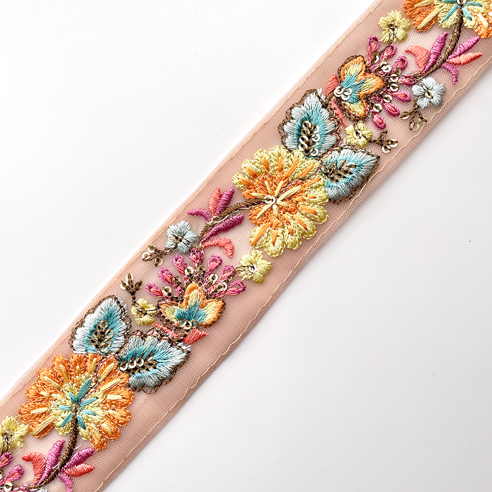 550 【 幅：4.5cm 】 インド刺繍リボン　ベージュ　チュール　オレンジ　ブルー
