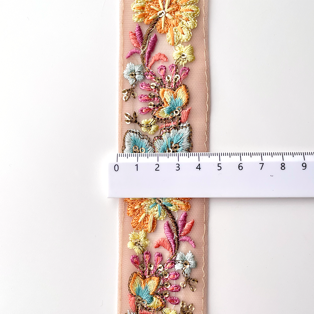 550 【 幅：4.5cm 】 インド刺繍リボン　ベージュ　チュール　オレンジ　ブルー