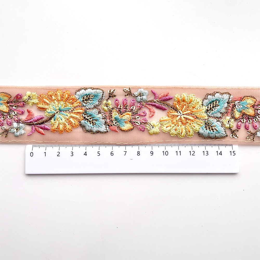 550 【 幅：4.5cm 】 インド刺繍リボン　ベージュ　チュール　オレンジ　ブルー