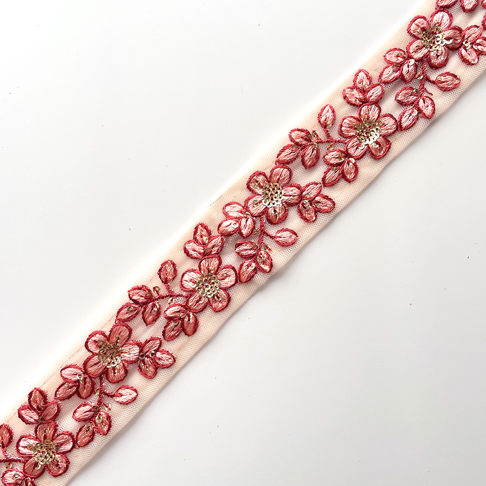 573 【 幅：3.5cm 】 インド刺繍リボン　オレンジ　チュール　