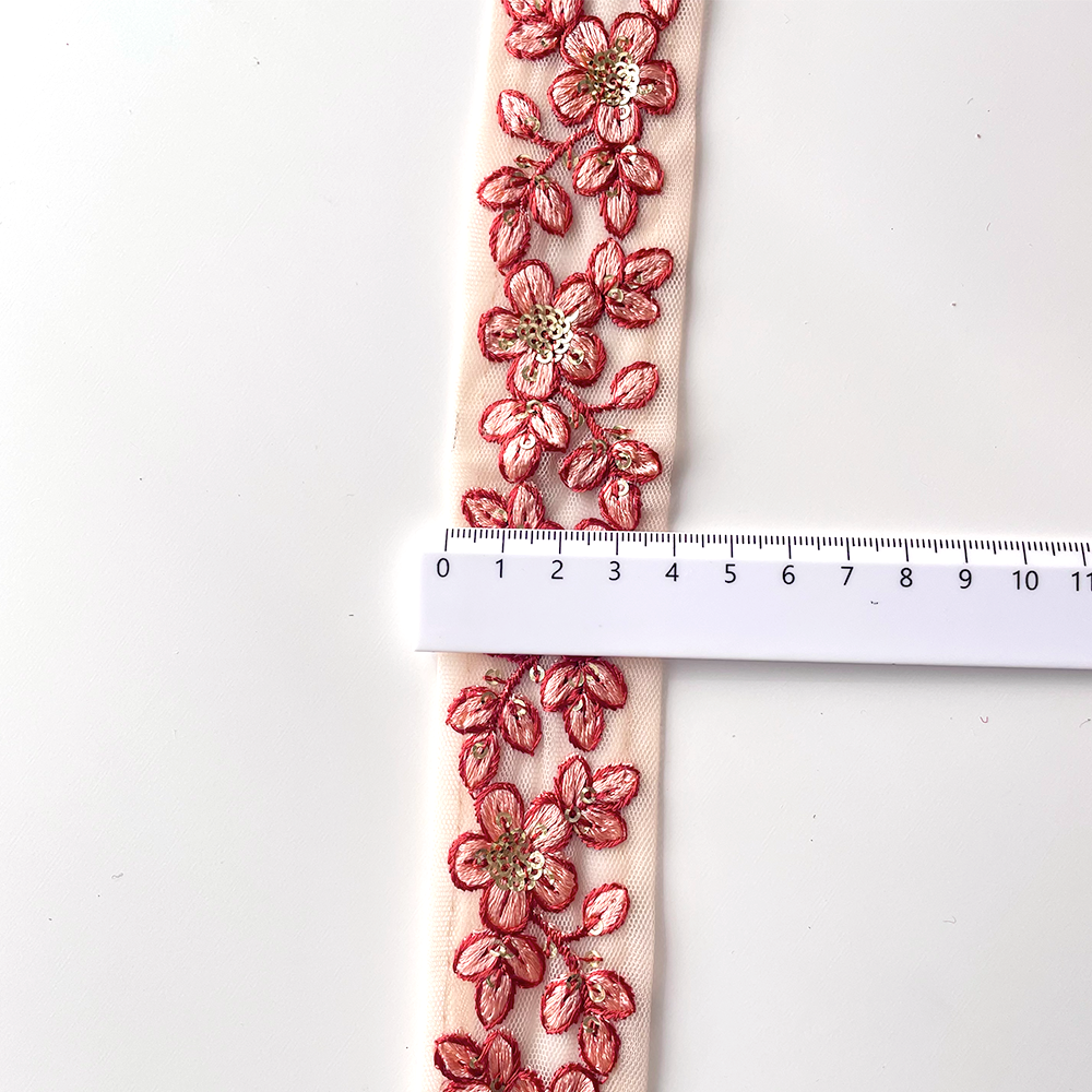 573 【 幅：3.5cm 】 インド刺繍リボン　オレンジ　チュール　