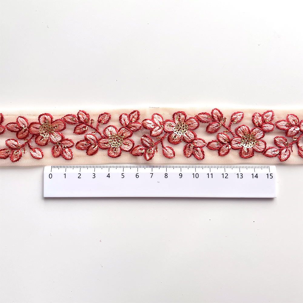 573 【 幅：3.5cm 】 インド刺繍リボン　オレンジ　チュール　
