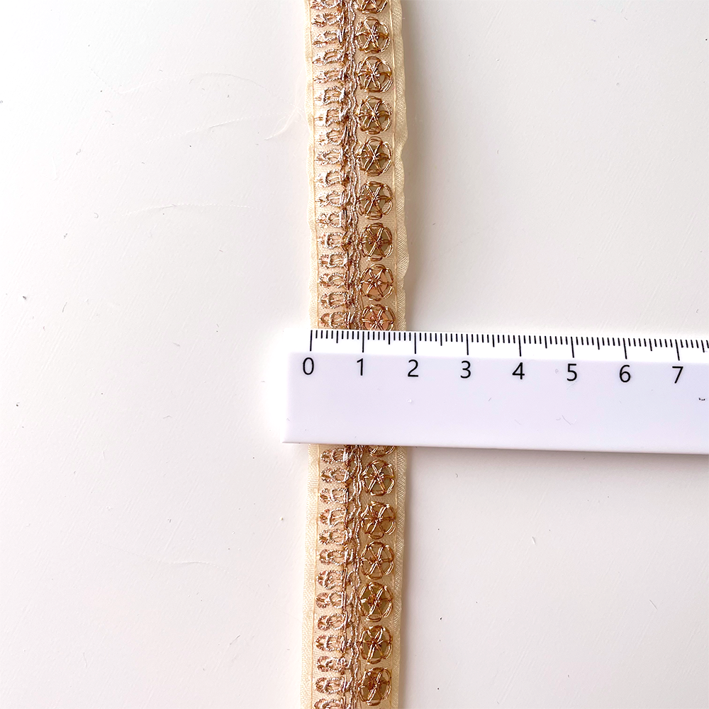 582 【 幅：2cm 】 インド刺繍リボン　ゴールド　オーガンジー　