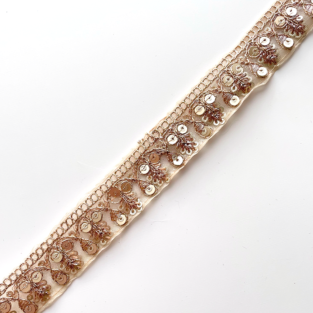 585 【 幅：2.5cm 】 インド刺繍リボン　ゴールド　オーガンジー　