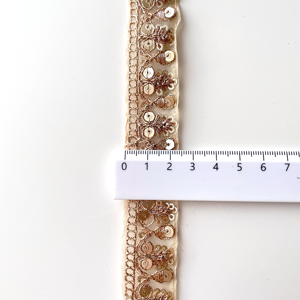 585 【 幅：2.5cm 】 インド刺繍リボン　ゴールド　オーガンジー　
