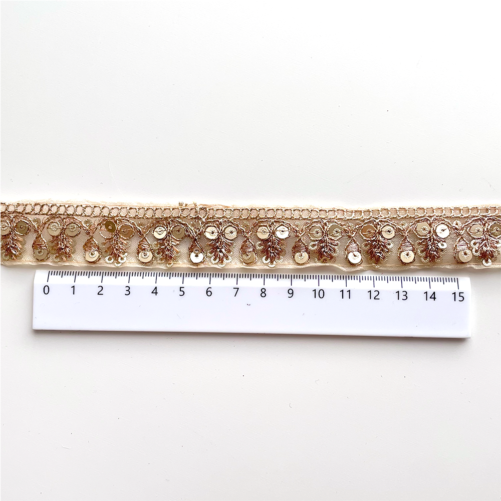 585 【 幅：2.5cm 】 インド刺繍リボン　ゴールド　オーガンジー　